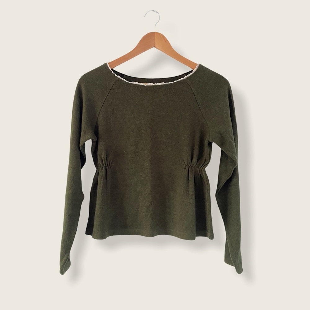 Japanese Boutique Forest Green Long Sleeve Top with White Lace Trim